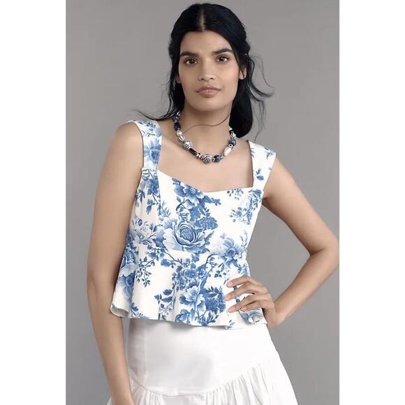 Maeve Tops - MAEVE Square Neck Peplum Top XS White Blue Floral Romantic Cottagecore Retro NWT